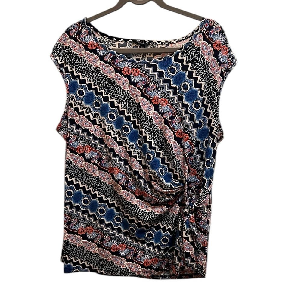 Sami & Jo Petite XL Patterned Blue & Pink Multicolored Women's Top with Side Tie